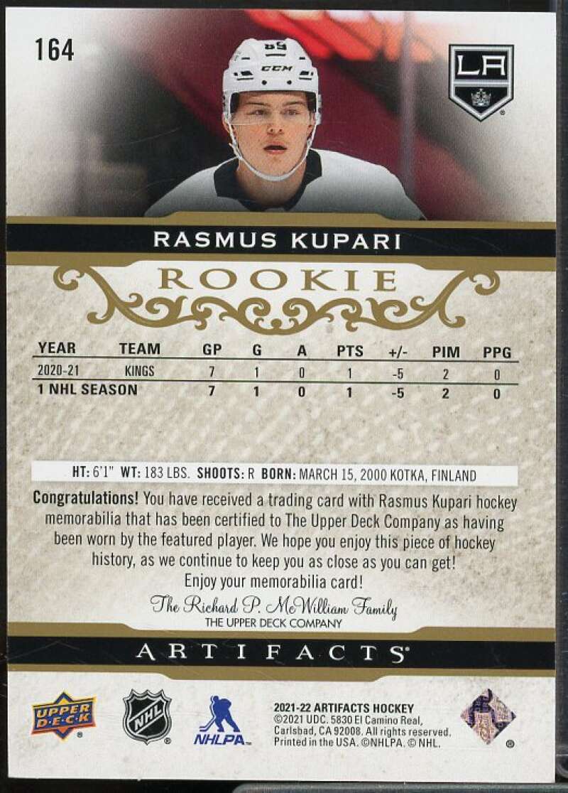 Rasmus Kupari Card 2021-22 Artifacts Materials Gold #164  Image 2