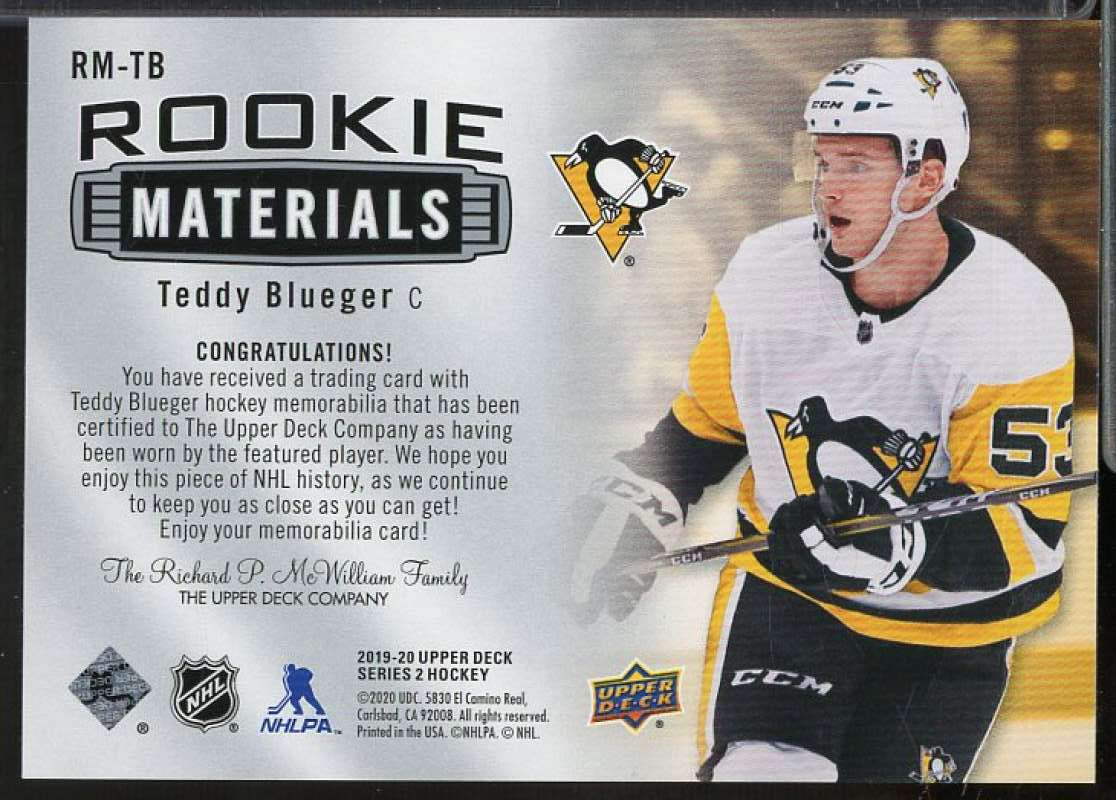 Teddy Blueger C Card 2019-20 Upper Deck Rookie Materials #RMTB  Image 2