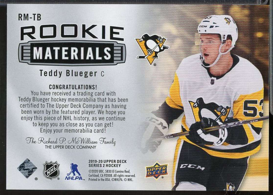 Teddy Blueger C Card 2019-20 Upper Deck Rookie Materials #RMTB  Image 2