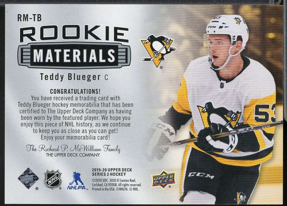 Teddy Blueger C Card 2019-20 Upper Deck Rookie Materials #RMTB  Image 2