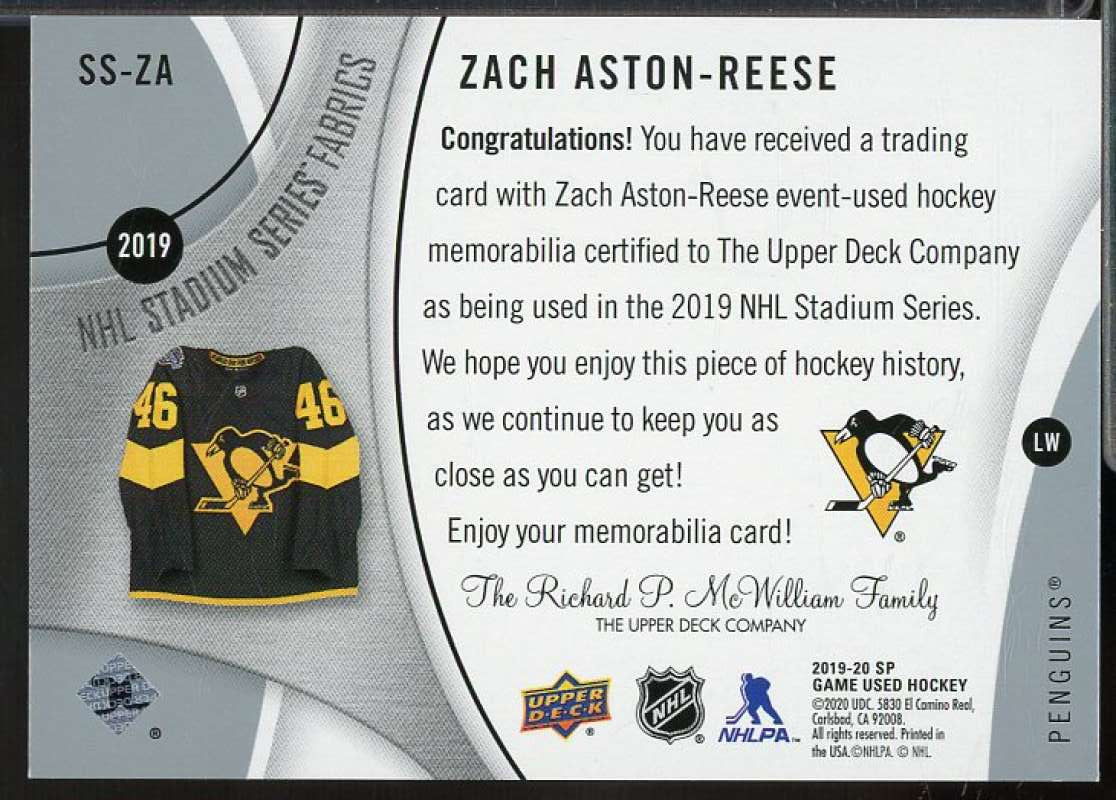 Zach Aston-Reese Card 2019-20 SP Game Used '19 Stadium Series Fabrics #SSZA  Image 2