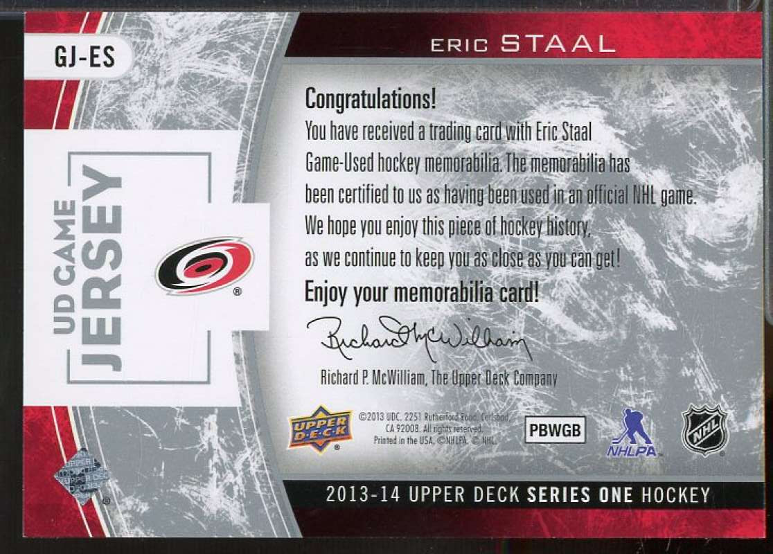 Eric Staal 1E Card 2013-14 Upper Deck Game Jerseys #GJES  Image 2