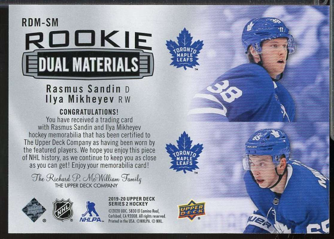 Rasmus Sandin/Ilya Mikheyev B 2019-20 Upper Deck Rookie Dual Materials #RDMSM  Image 2