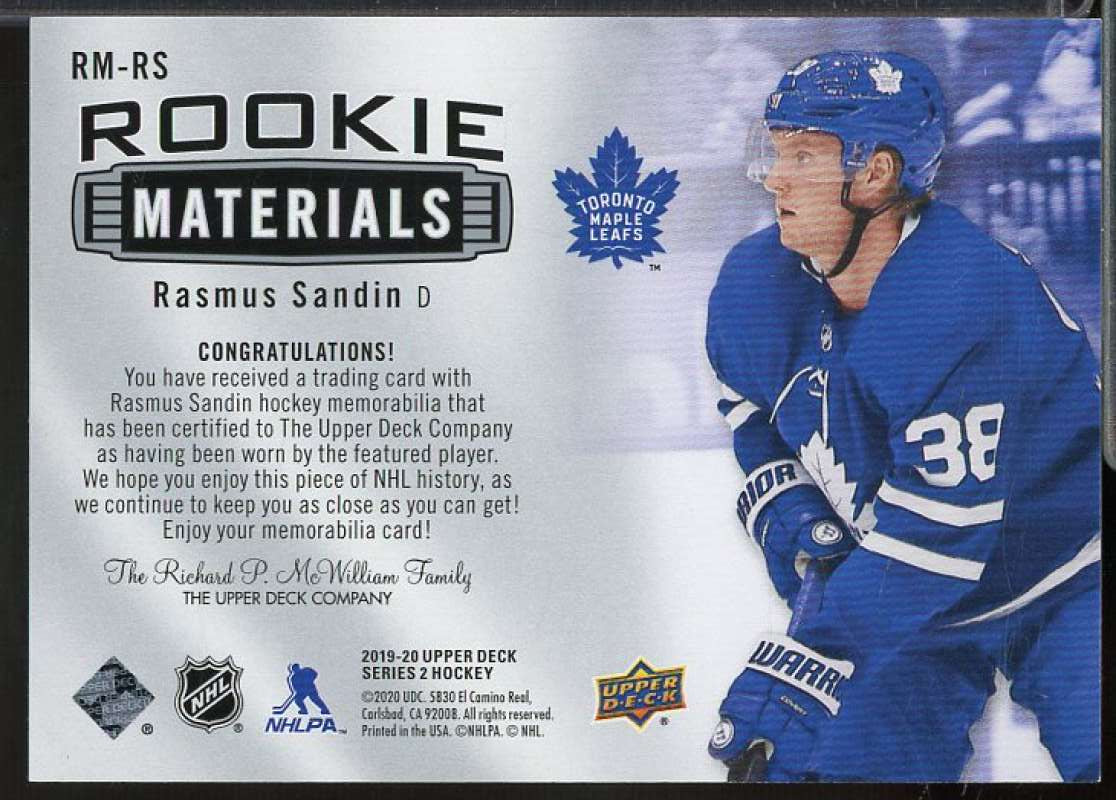 Rasmus Sandin A Card 2019-20 Upper Deck Rookie Materials #RMRS  Image 2