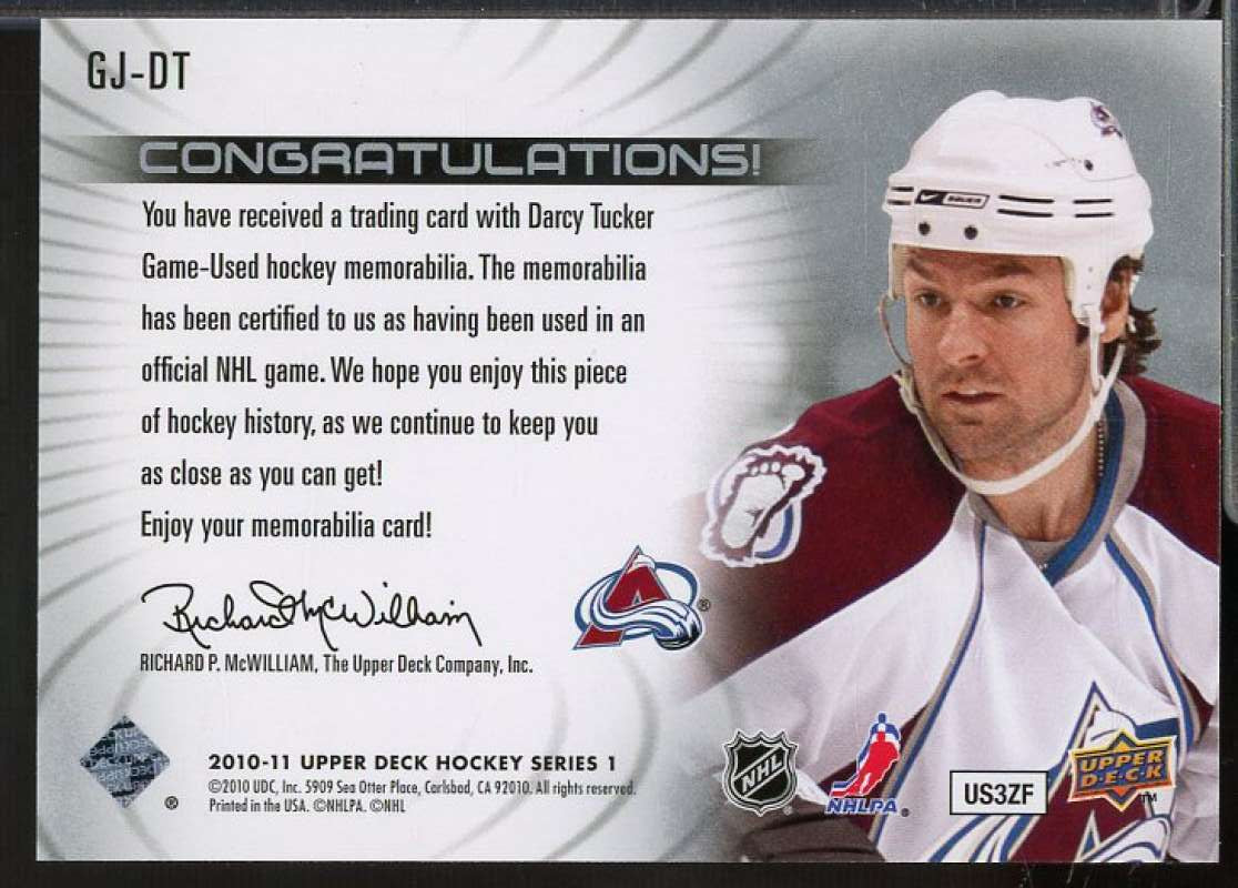 Darcy Tucker Card 2010-11 Upper Deck Game Jerseys #GJDT  Image 2