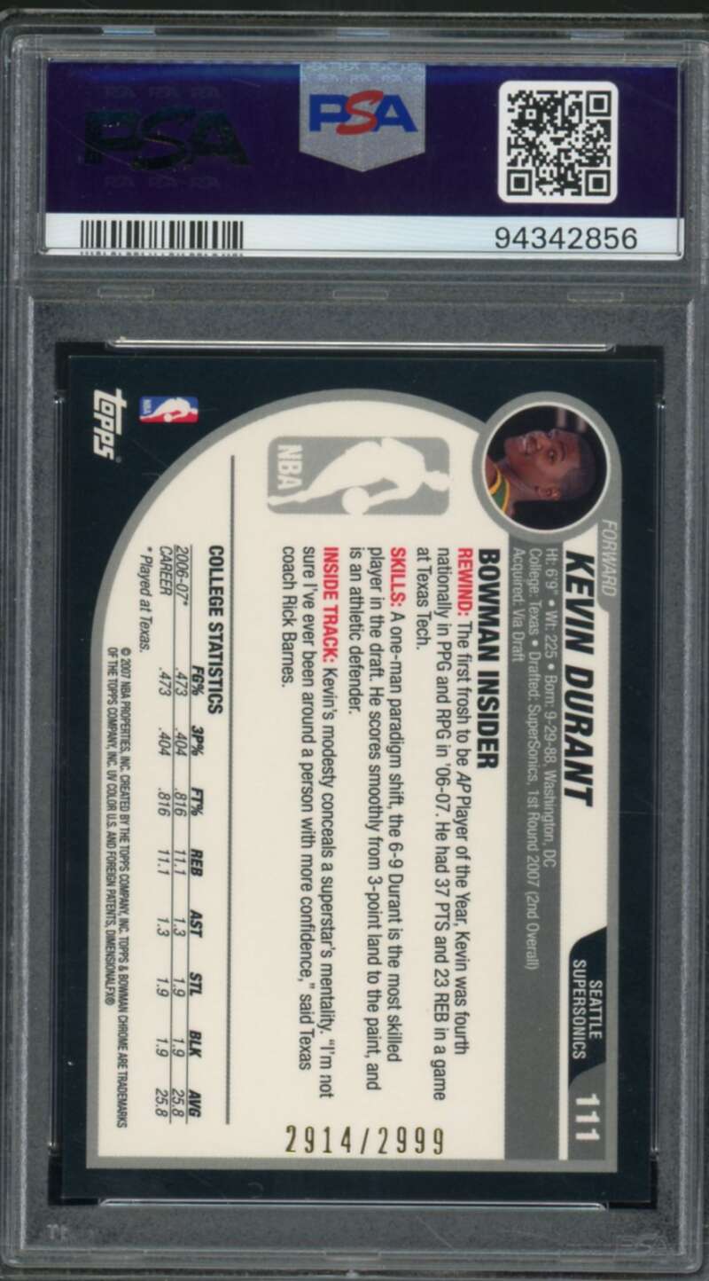 Kevin Durant Rookie Card 2007-08 Bowman Chrome #111 PSA 9 Image 2