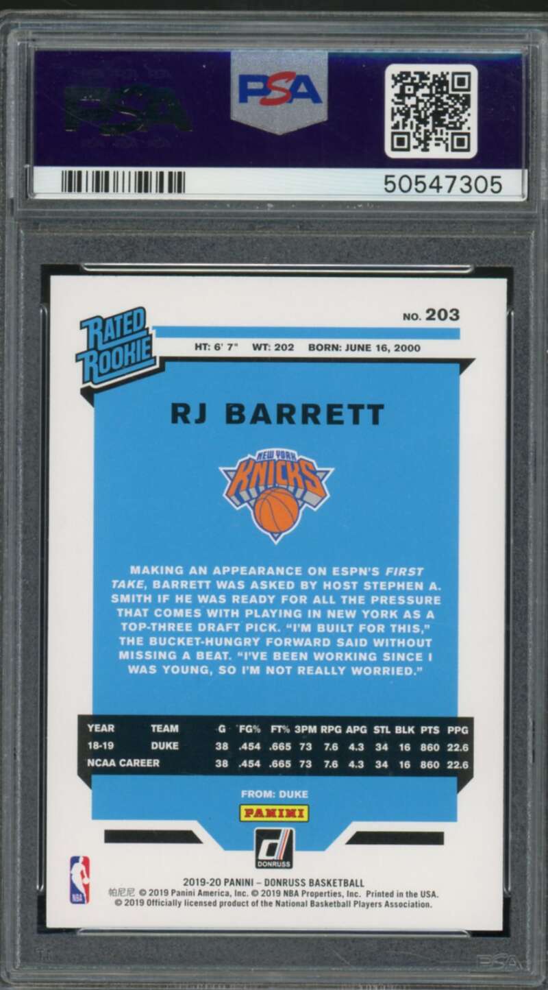 RJ Barrett Rookie Card 2019-20 Panini Donruss Infinite #203 PSA 9 Image 2