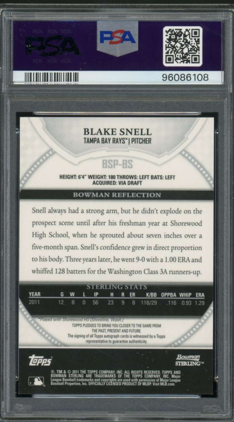 Blake Snell Rookie Card 2011 Bowman Sterling Prospects Autographs #BSPBS PSA 10 Image 2