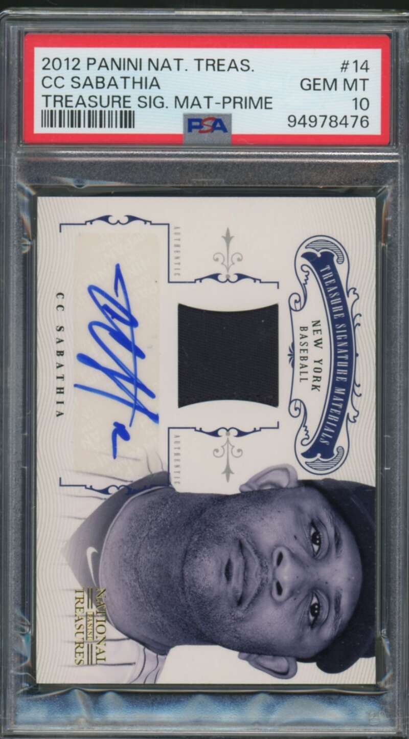 C.C. Sabathia 2012 National Treasures Sig Mat Prime (2/15) (pop 1) #14 PSA 10 Image 1