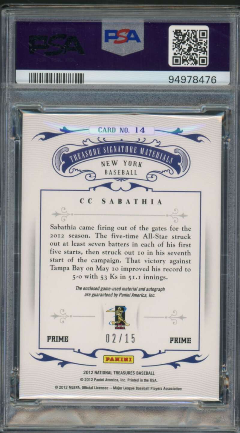 C.C. Sabathia 2012 National Treasures Sig Mat Prime (2/15) (pop 1) #14 PSA 10 Image 2