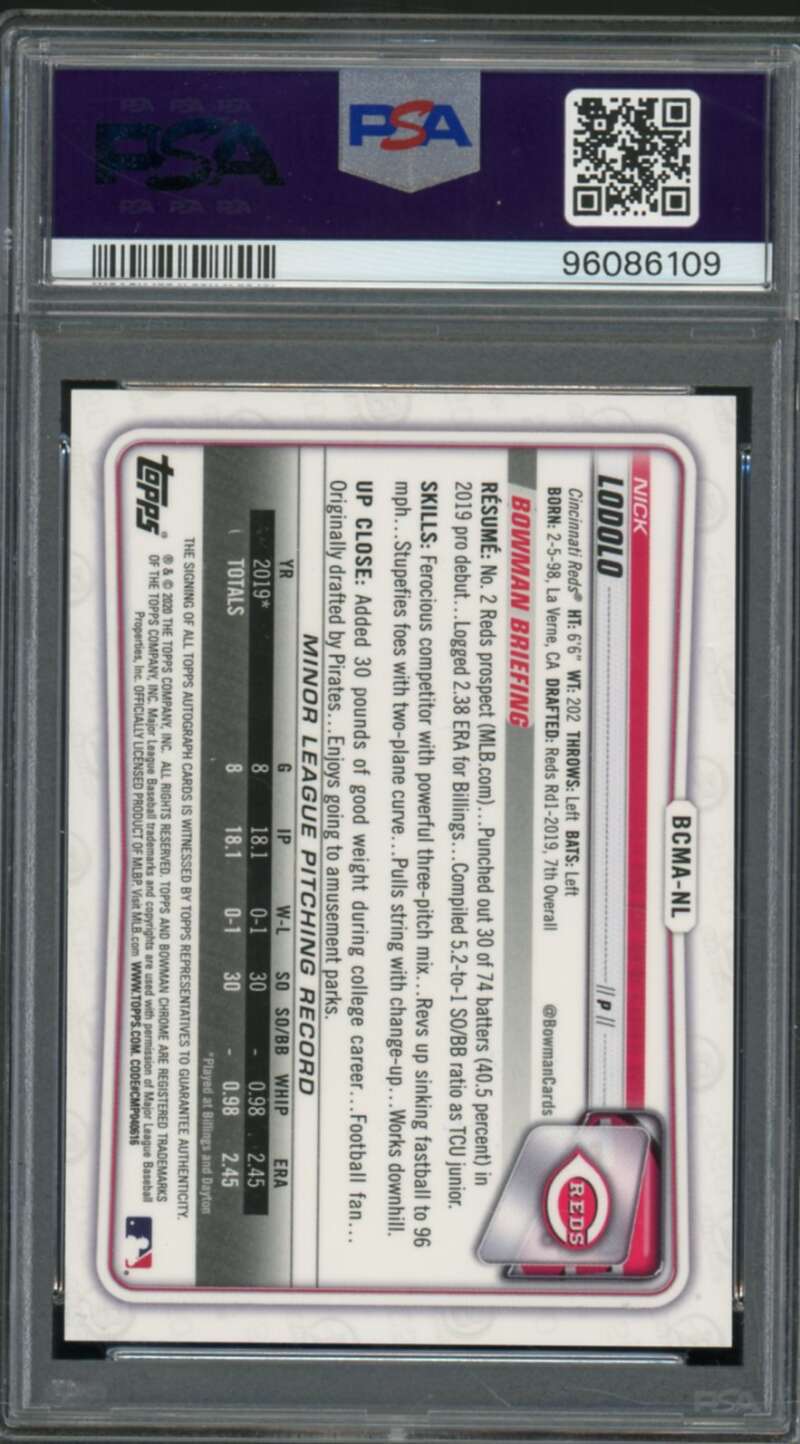 Nick Lodolo Rookie Card 2020 Bowman Chrome Mega Box Autographs #Bcmanl PSA 10 Image 2