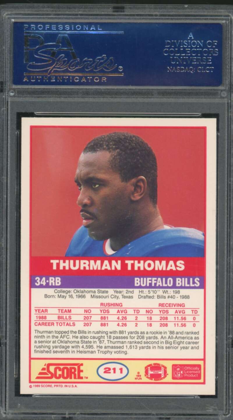 Thurman Thomas Rookie Card 1989 Score #211 PSA 9 Image 2