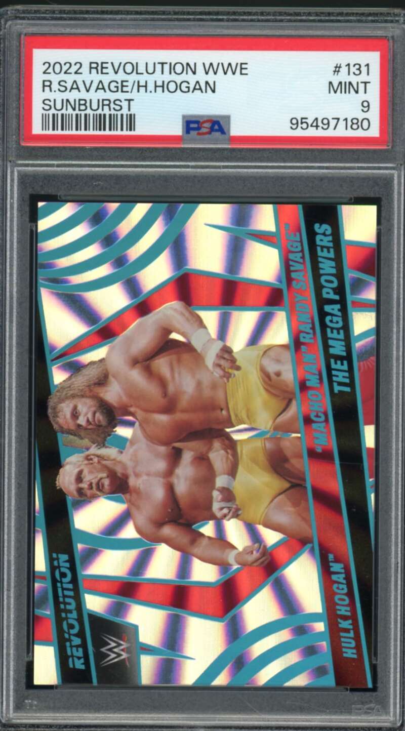 Randy Savage/Hulk Hogan Card 2022 Revolution WWE Sunburst (pop 2) #131 PSA 9 Image 1