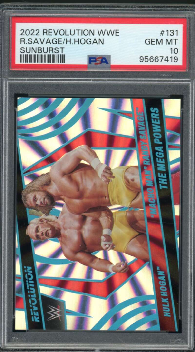 Randy Savage/Hulk Hogan Card 2022 Revolution WWE Sunburst (pop 4) #131 PSA 10 Image 1