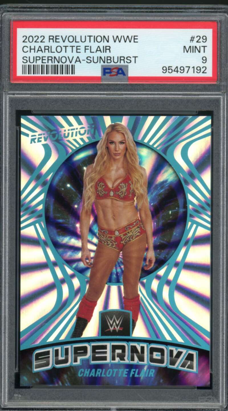 Charlotte Flair 2022 Panini Revolution WWE Supernova Sunburst (pop 2) #29 PSA 9 Image 1