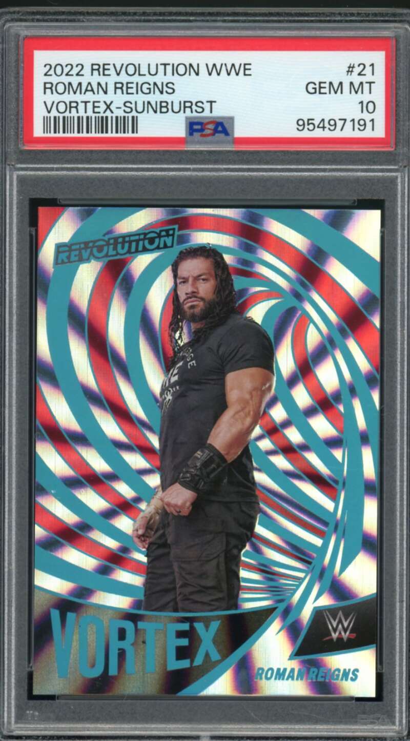 Roman Reigns Card 2022 Revolution WWE Vortex Sunburst (pop 4) #21 PSA 10 Image 1