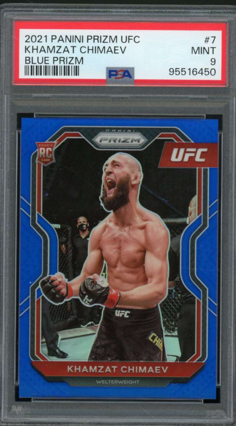 Khamzat Chimaev Rookie Card 2021 Panni Prizm UFC Blue Prizm #7 PSA 9 Image 1