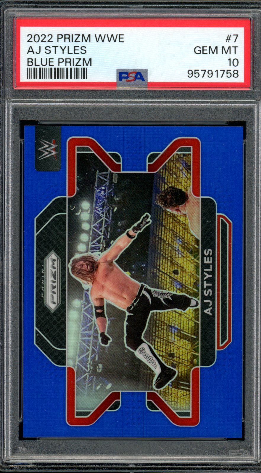 AJ Styles Card 2022 Prizm WWE Blue Prizm (pop 3) #7 PSA 10 Image 1