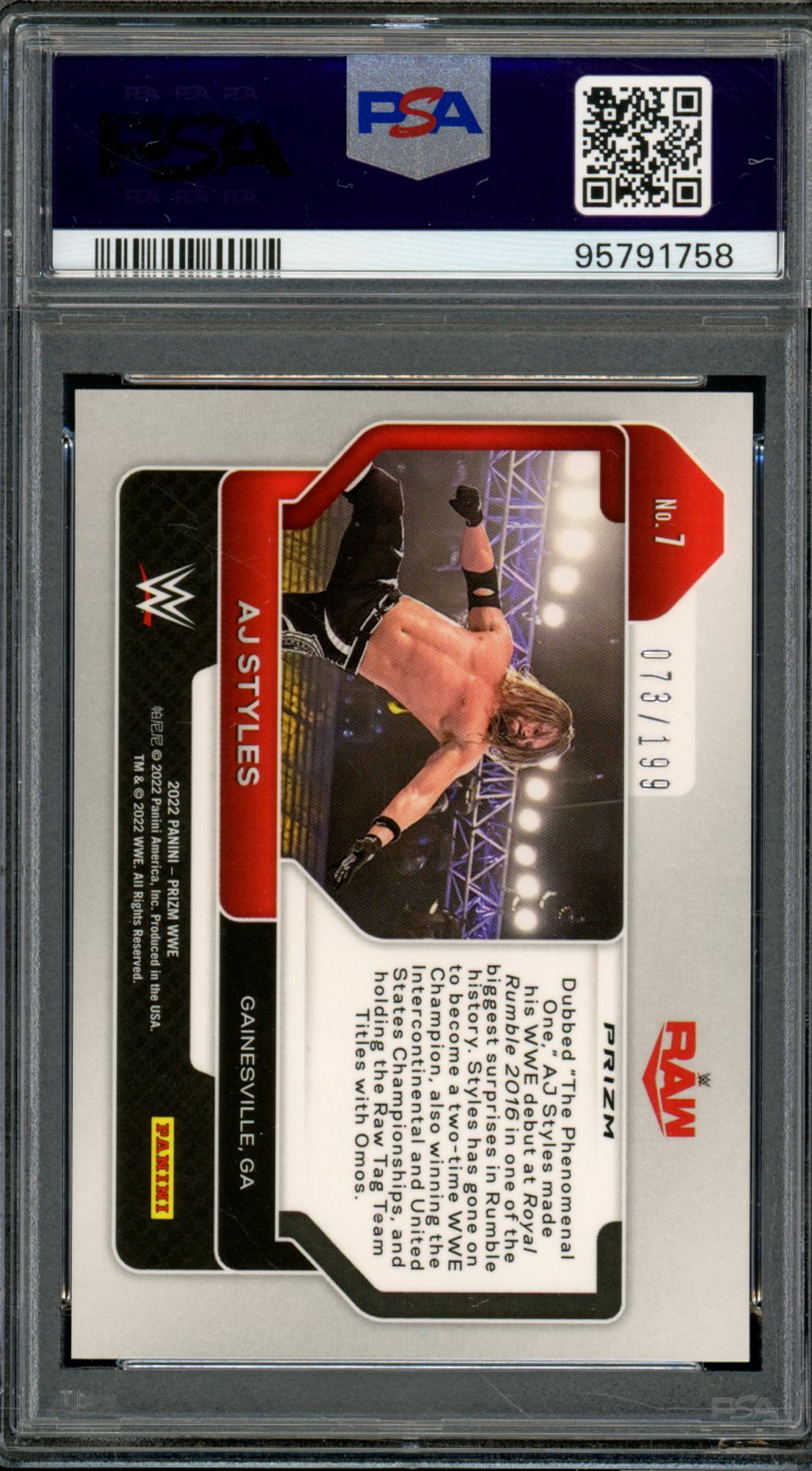 AJ Styles Card 2022 Prizm WWE Blue Prizm (pop 3) #7 PSA 10 Image 2