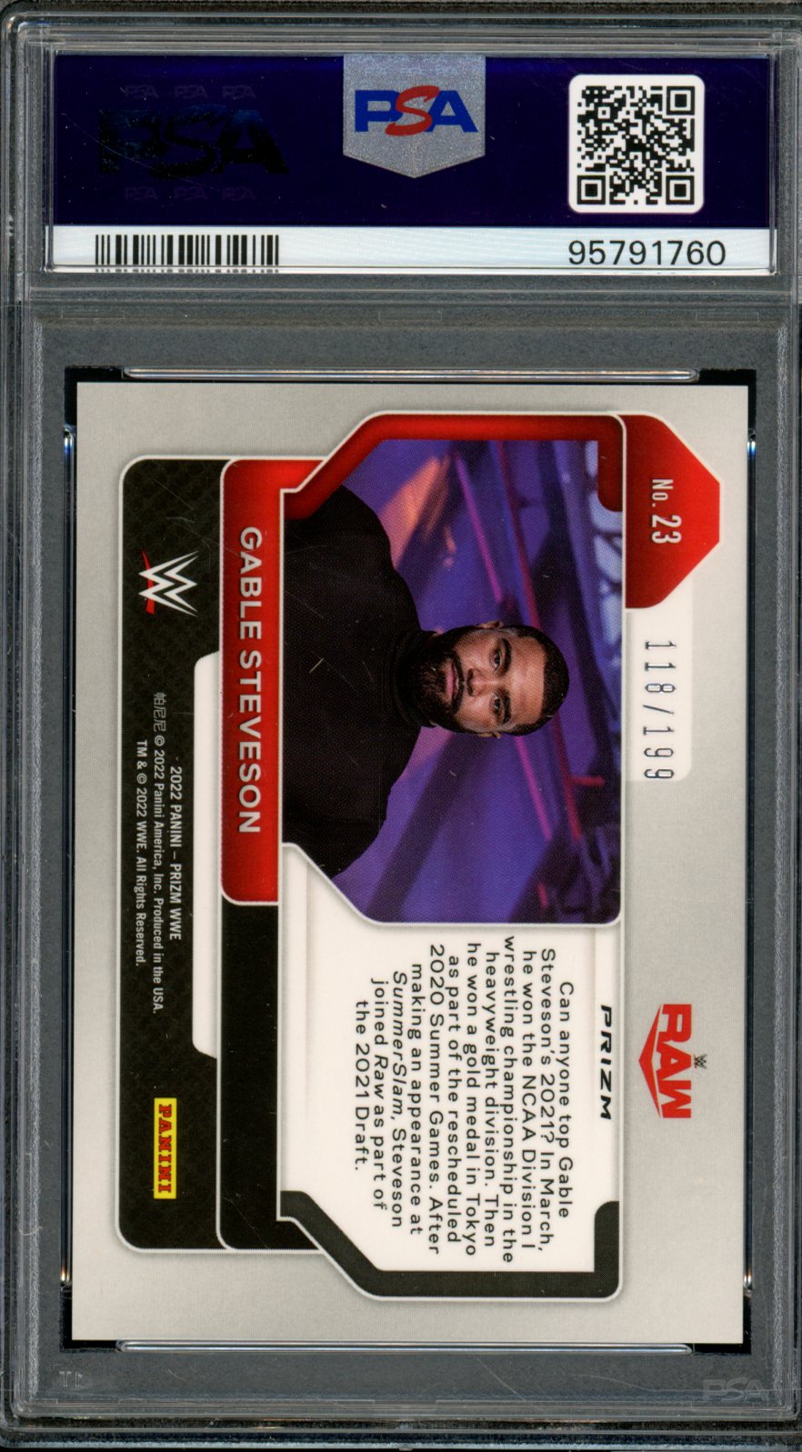 Gable Steveson Rookie Card 2022 Prizm WWE Blue Prizm (pop 15) #23 PSA 10 Image 2