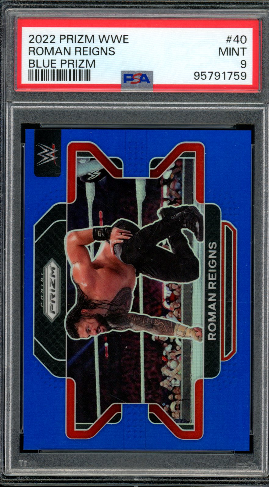 Roman Reigns Card 2022 Prizm WWE Blue Prizm (pop 9) #40 PSA 9 Image 1