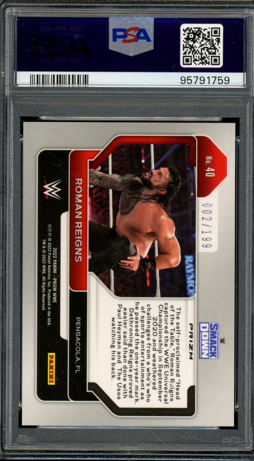 Roman Reigns Card 2022 Prizm WWE Blue Prizm (pop 9) #40 PSA 9 Image 2