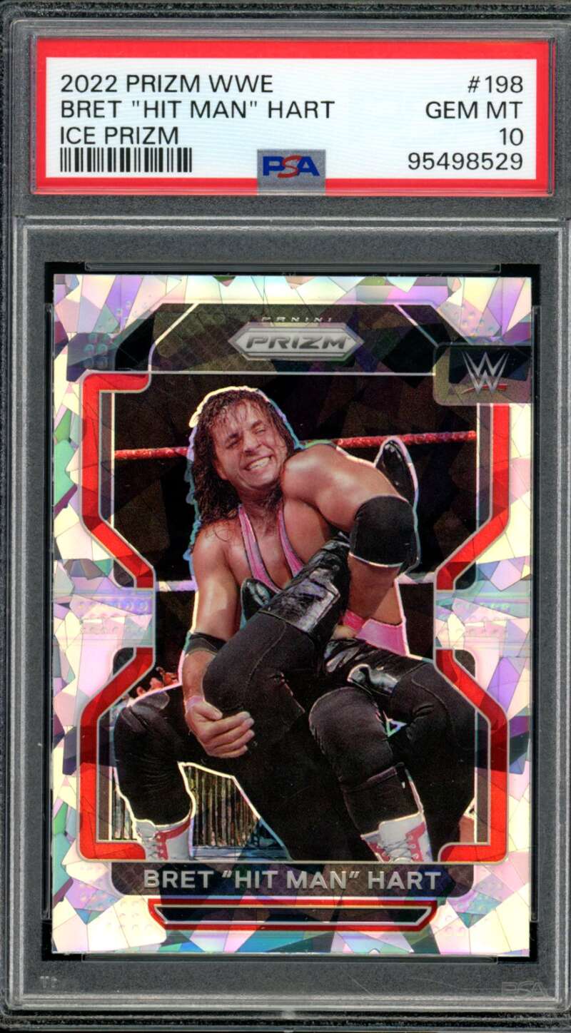 Bret Hit Man Hart Card 2022 Prizm WWE Ice Prizm (pop 4) #198 PSA 10 Image 1