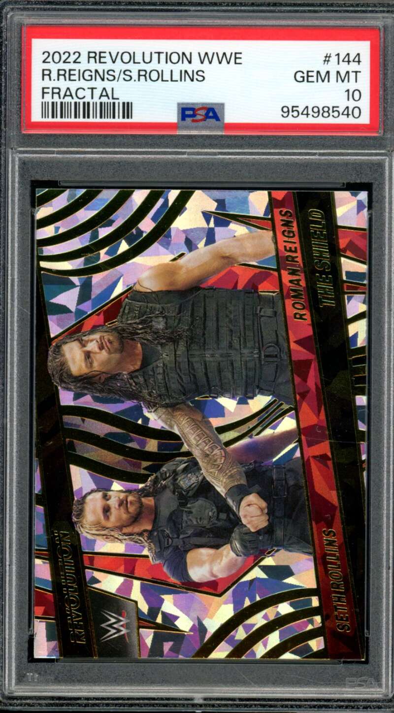 Roman Reigns/Seth Rollins Card 2022 Revolution WWE Fractal (pop 2) #144 PSA 10 Image 1