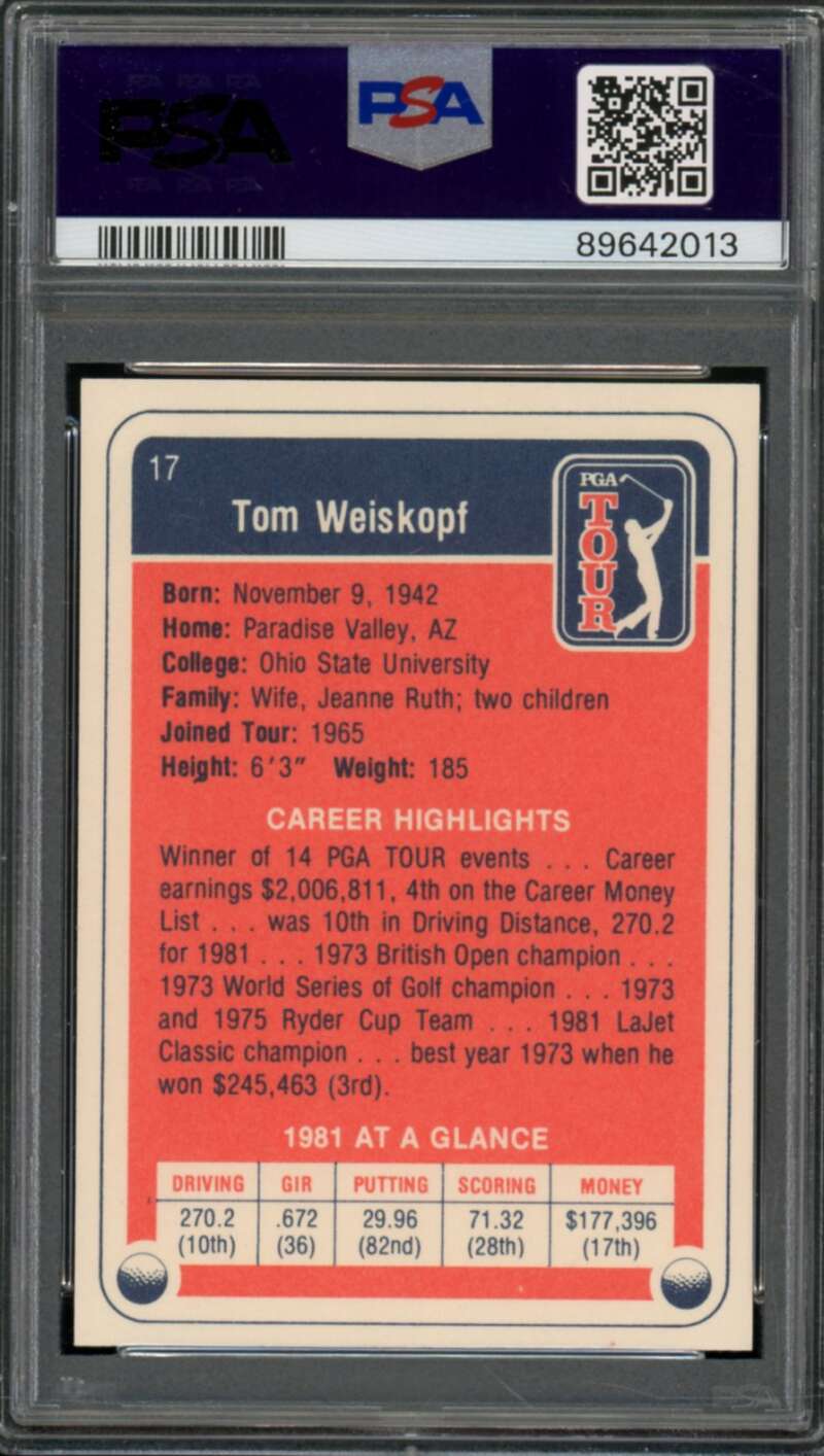 Tom Weiskopf Card 1982 Donruss Golf #17 PSA 8 Image 2