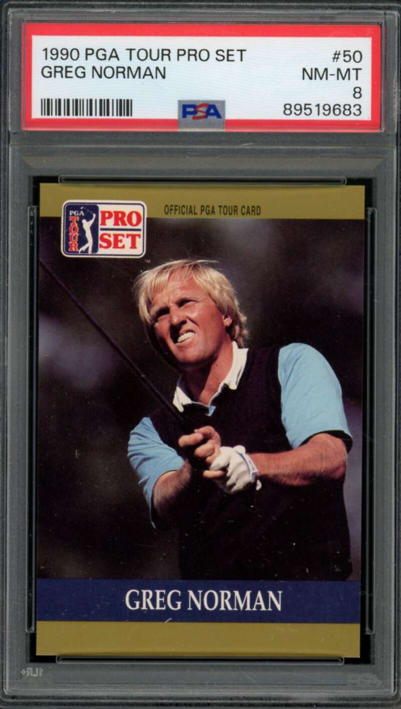 Greg Norman Card 1990 Pro Set Golf #50 PSA 8 Image 1