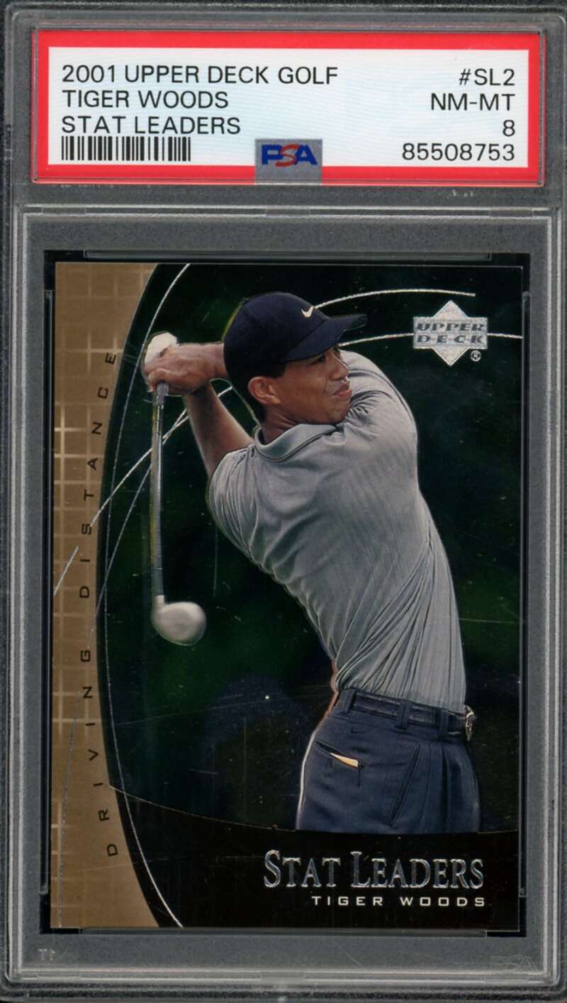 Tiger Woods Rookie Card 2001 Upper Deck Golf Stat Leaders #SL2 PSA 8 Image 1