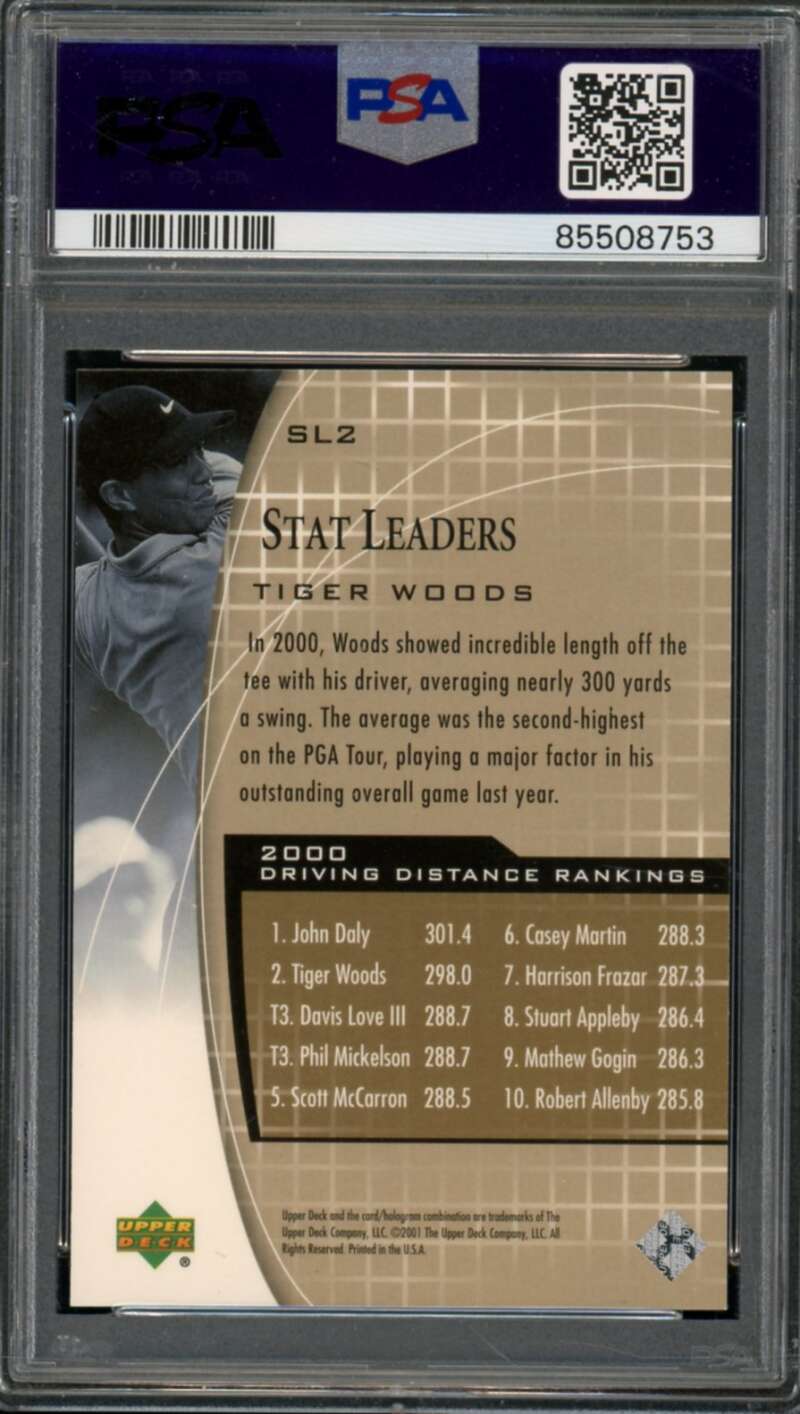 Tiger Woods Rookie Card 2001 Upper Deck Golf Stat Leaders #SL2 PSA 8 Image 2