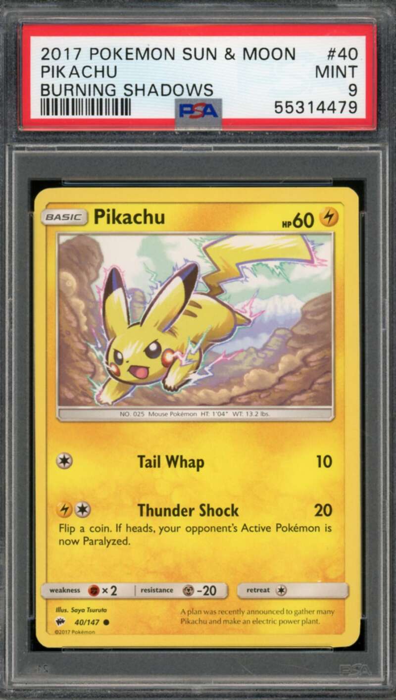 Pikachu Card 2017 Pokemon Sun Moon Burning Shadows #40 PSA 9 Image 1