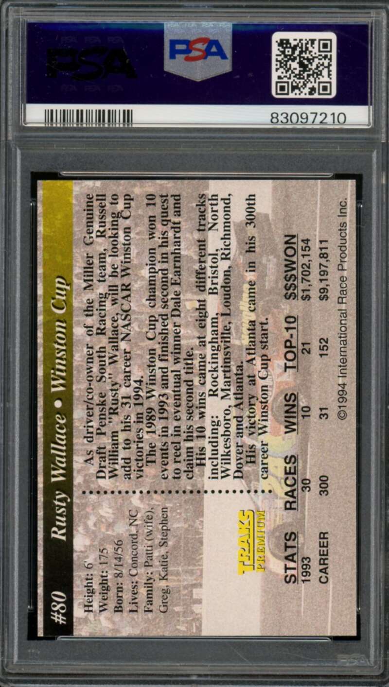 Rusty Wallace Card 1994 Traks #80 (pop 3) PSA 10 Image 2