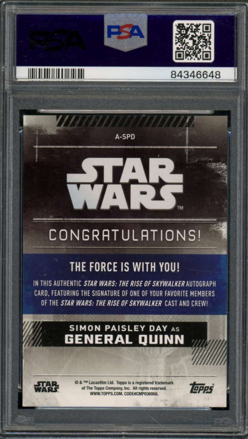 Simon Paisley Day Card 2019 Topps Star Wars Auto (pop 1) #A-SPD PSA 8.5 Image 2