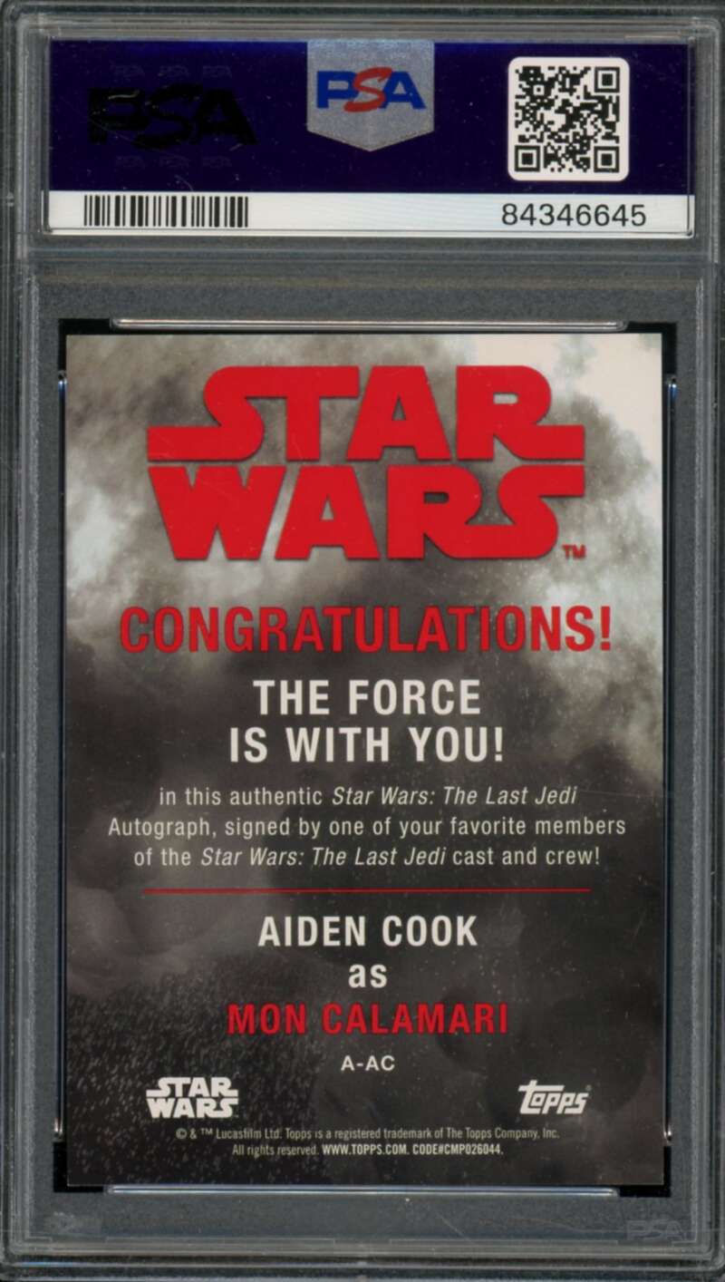 Aidan Cook Card 2017 Topps Star Wars Auto #AAC PSA 9 Image 2