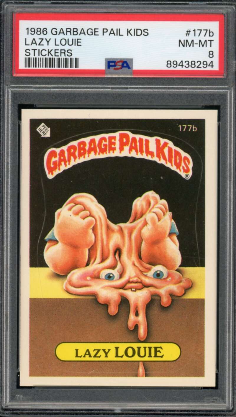 Lazy Louie Stickers Card 1986 Garbage Pail Kids #177b PSA 8 Image 1