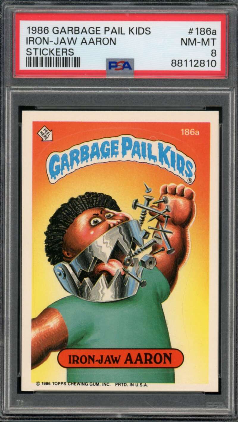 Iron-Jaw Aaron Stickers Card 1986 Garbage Pail Kids #186a PSA 8 Image 1