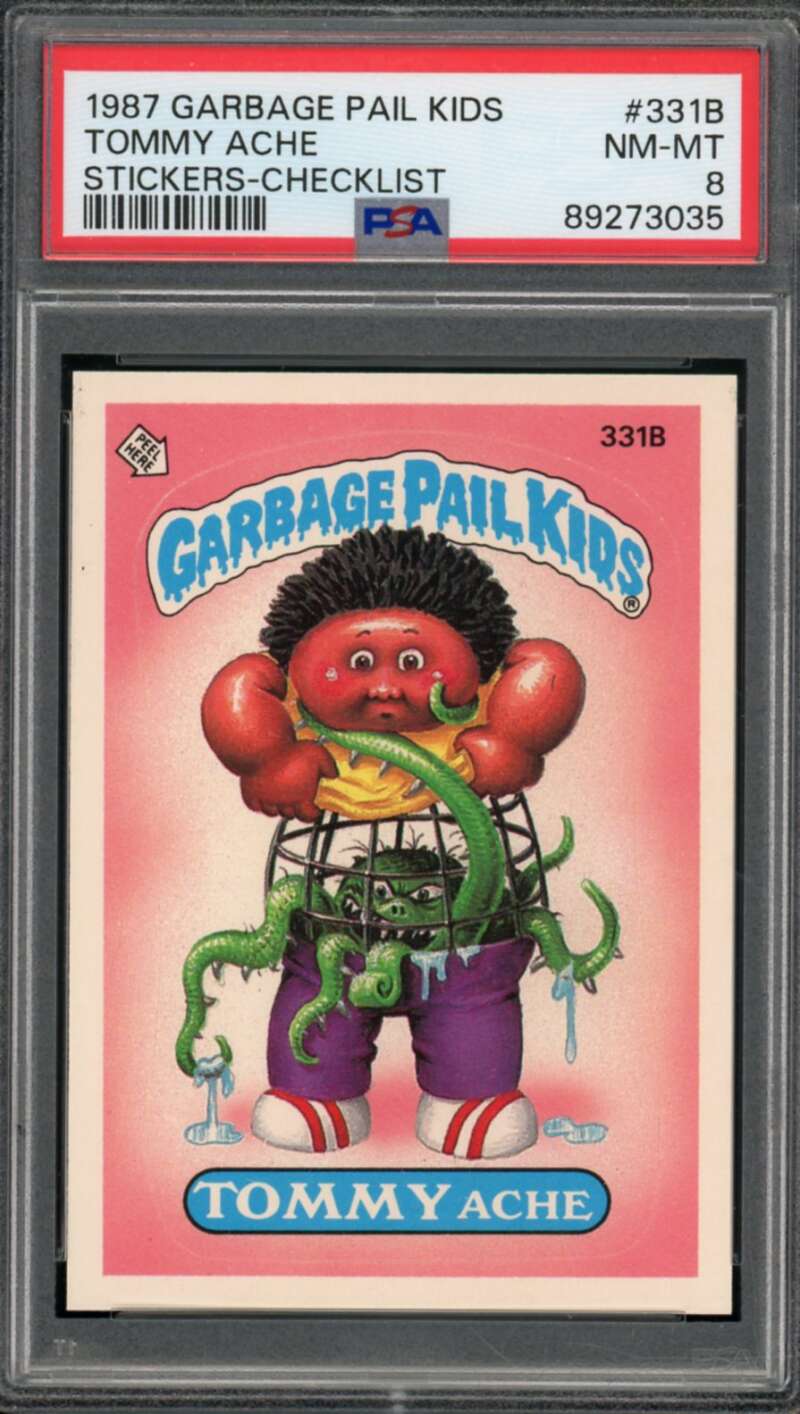 Tommy Ache Stickers Card 1987 Garbage Pail Kids #331b PSA 8 Image 1