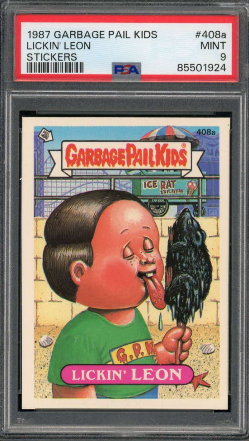 Lickin' Leon Stickers Card 1987 Garbage Pail Kids #408a PSA 9 Image 1