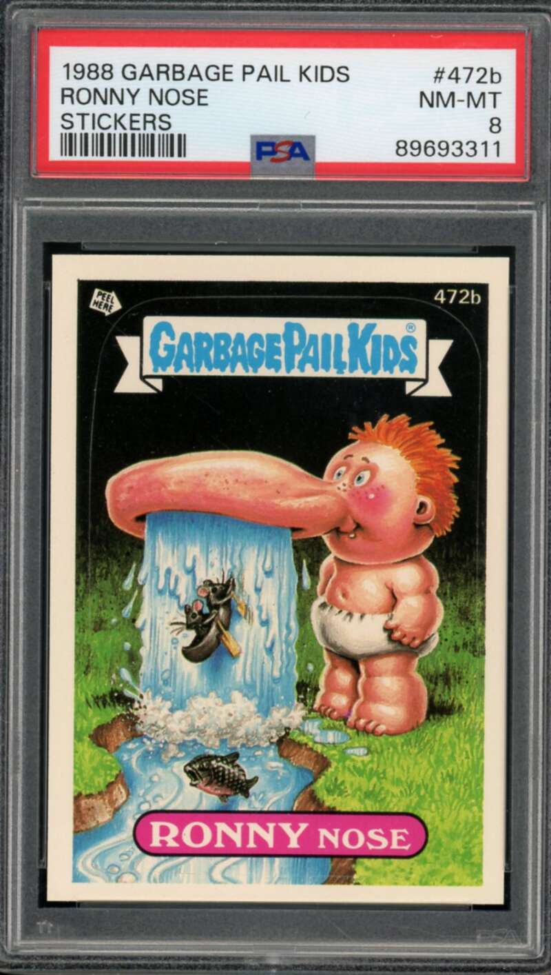 Ronny Nose Stickers Card 1988 Garbage Pail Kids #472b PSA 8 Image 1