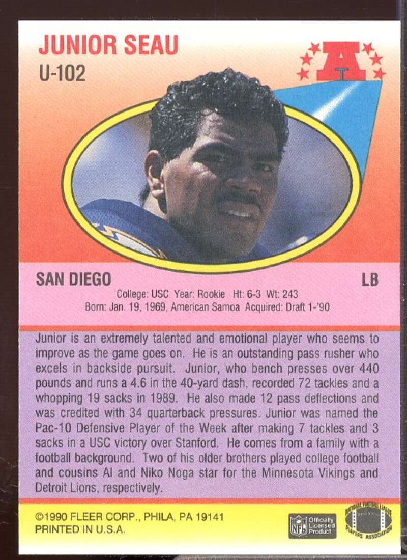 Junior Seau Rookie Card 1990 Fleer Update #U102  Image 2