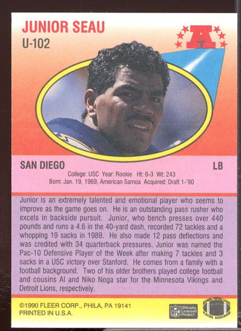 Junior Seau Rookie Card 1990 Fleer Update #U102  Image 2