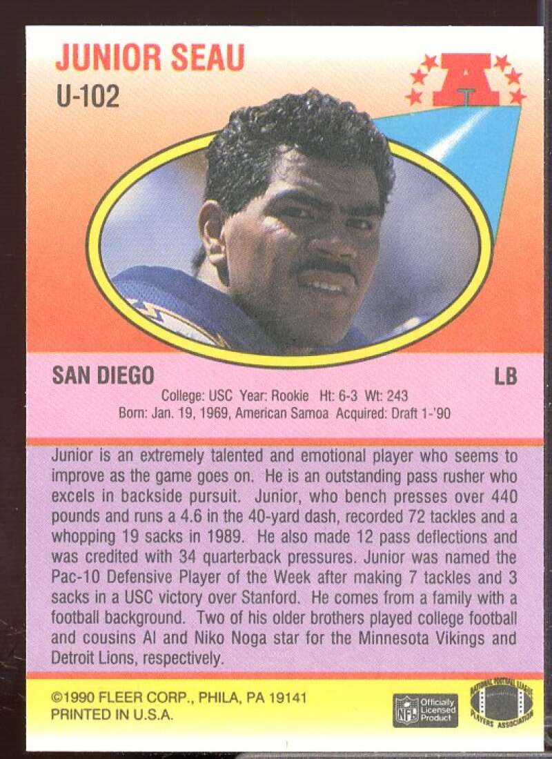 Junior Seau Rookie Card 1990 Fleer Update #U102  Image 2