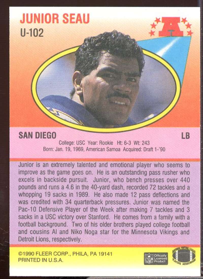 Junior Seau Rookie Card 1990 Fleer Update #U102  Image 2