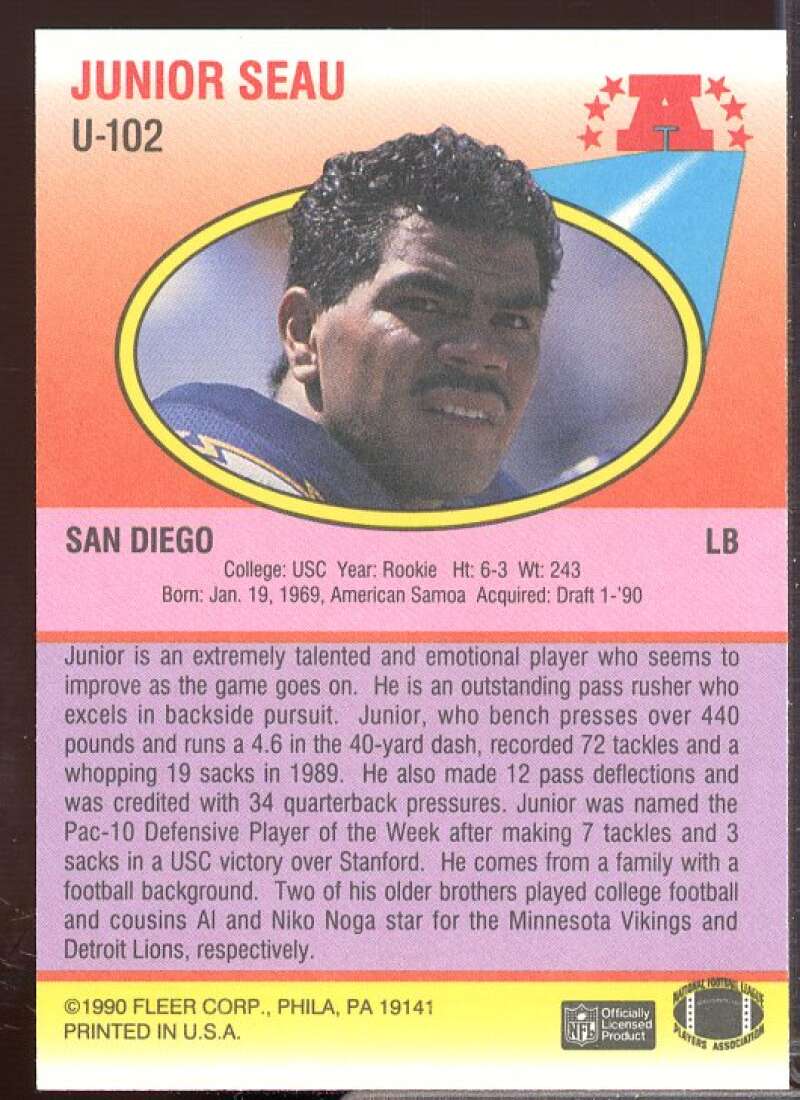 Junior Seau Rookie Card 1990 Fleer Update #U102  Image 2