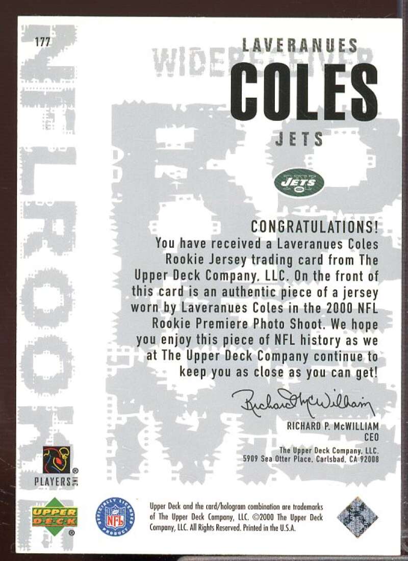 Laveranues Coles JSY Rookie Card 2000 Black Diamond #177  Image 2