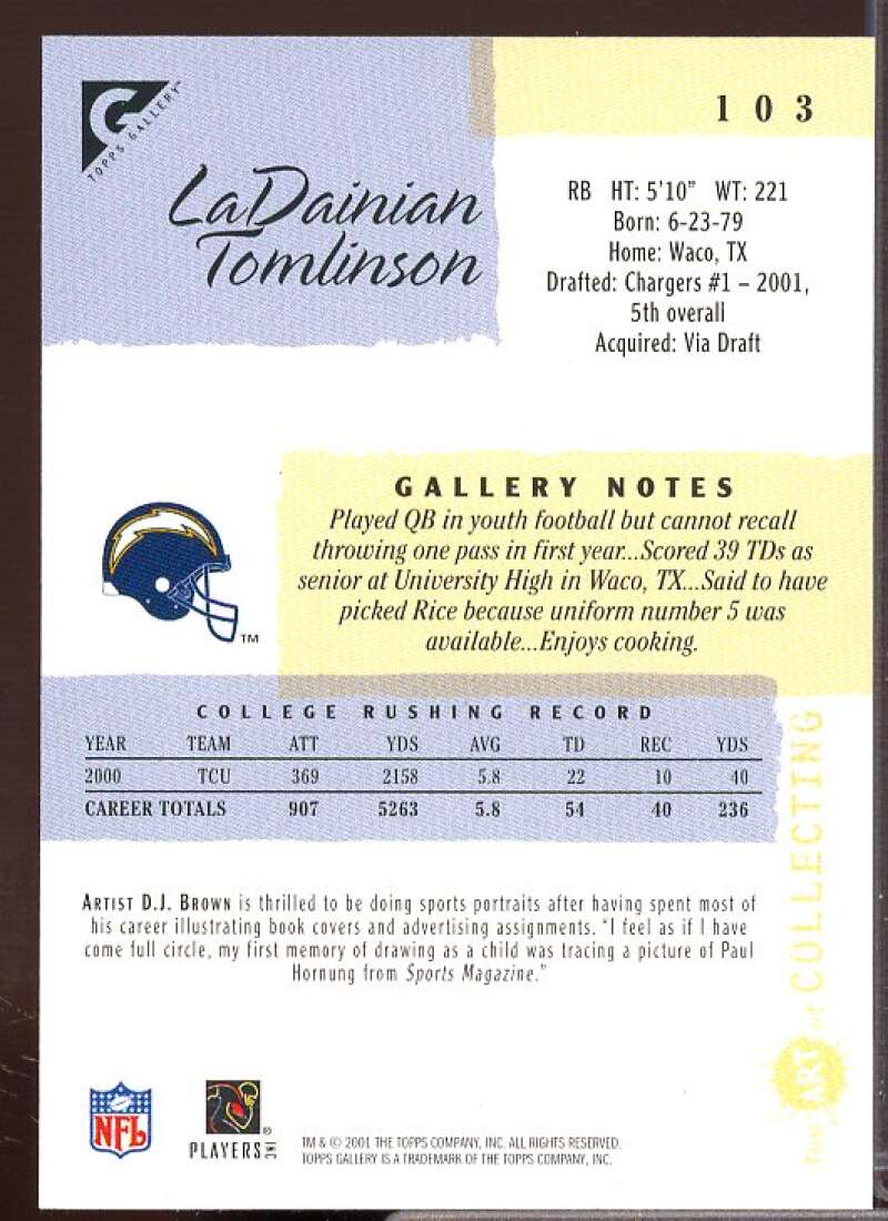 LaDainian Tomlinson Rookie Card 2001 Topps Gallery #103  Image 2