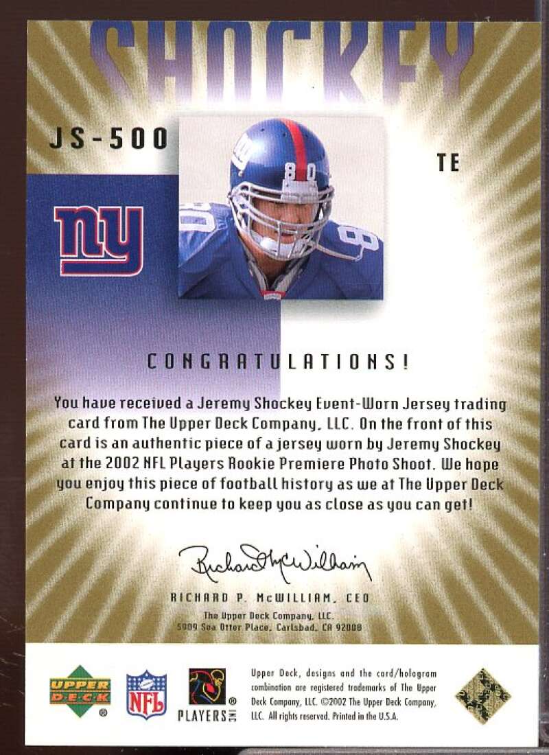 Jeremy Shockey Card 2002 UD Graded Rookie Jerseys Gold #JS500  Image 2