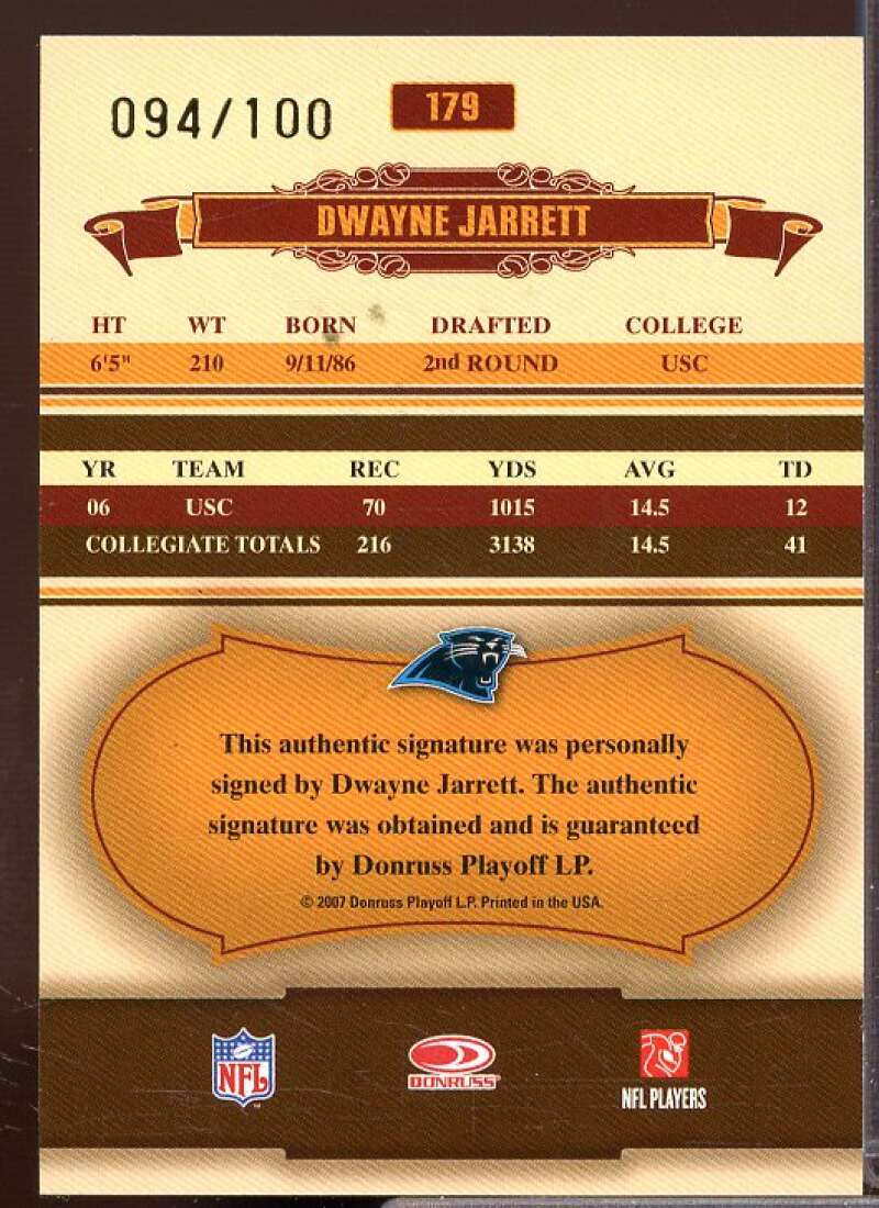 Dwayne Jarrett Rookie 2007 Donruss Classics Significant Signatures Gold #179  Image 2